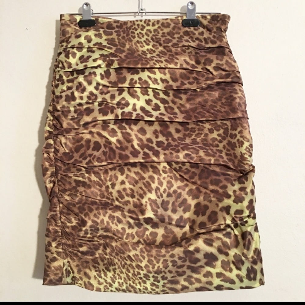 Teri Jon Light Lime Green Leopard Skirt